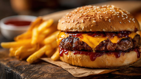 A delicious cheeseburger sits alongside golden fries and a small bowl of ketchup tempting diners.の素材