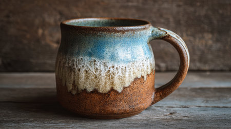 A handcrafted ceramic mug showcases stunning glaze patterns and colors highlighting its unique artistry.の素材