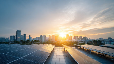 Sunset paints the skyline golden as solar panels catch the warm light showcasing a beautiful urban scene.の素材