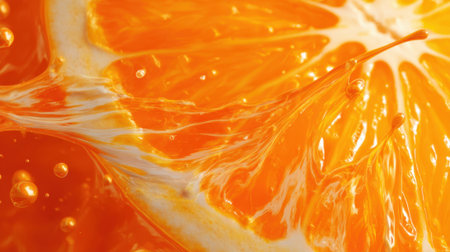 A close up of an orange with a white line running through it. The orange is sliced open and the white line is the stemの素材