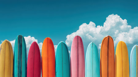 Brightly colored surfboards stand in a row beneath a clear blue sky with soft white clouds.の素材