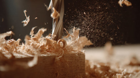 A craftsman drills into a wooden block sending shavings flying and creating a dusty atmosphere in the workshop.の素材