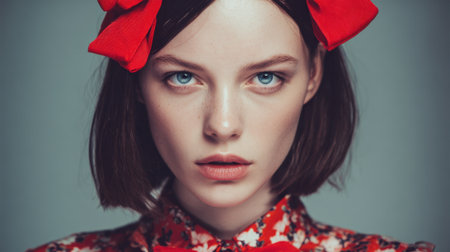Model poses confidently with blue eyes and a red bow on her head wearing a floral top in soft lighting.の素材