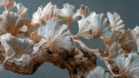 A branch with white flowers on it. The flowers are very thin and delicate. The branch is brown and has a rough textureの素材