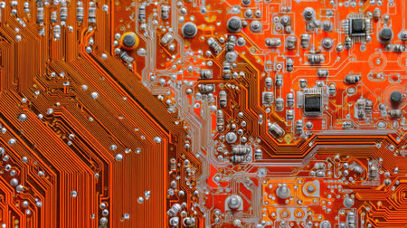 Complex arrangement of electronic circuits features silver components on a bright orange background.の素材