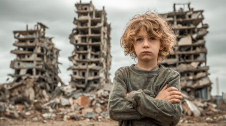 A boy with curly hair stands with arms crossed in front of collapsed buildings showing strength.の素材
