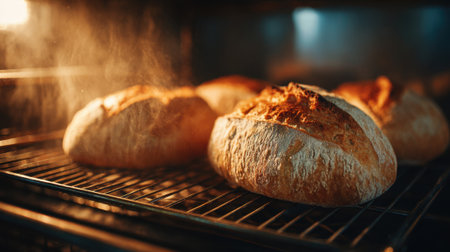 A rack of bread is in an oven, with steam coming out of it. The bread is brown and looks freshly bakedの素材