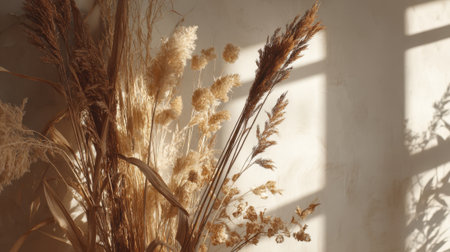 Dried plants in various shades of gold and brown create a serene display in warm sunlight.の素材