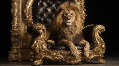 A regal lion sits proudly on a luxurious throne displaying strength and majesty in a dimly lit room.の素材