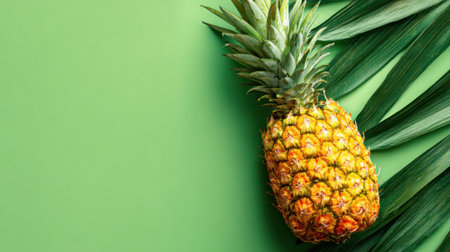A ripe pineapple sits on lush green leaves against a lively green background creating a tropical scene.の素材