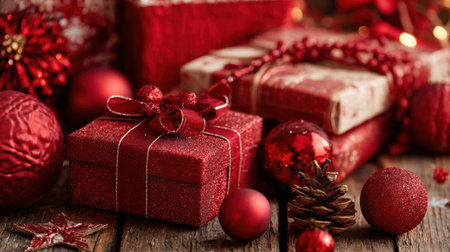 Bright red gifts sit among shiny decorations on a rustic wooden surface evoking holiday joy and warmth.の素材