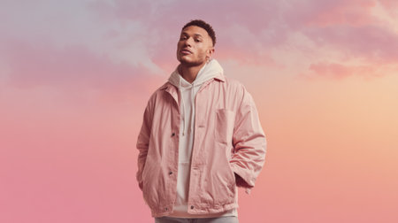 A confident man stands tall dressed in a light pink jacket and gray hoodie with a beautiful sunset backdrop.の素材