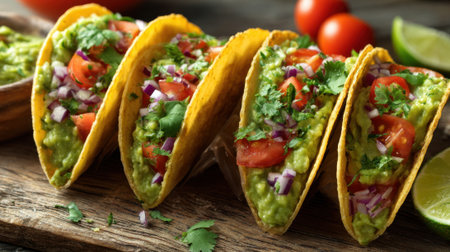 Tacos filled with creamy guacamole diced tomatoes and onions sit on a wooden board inviting taste.の素材