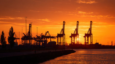 Golden hues paint the sky as cranes stand tall against the sunset at a bustling port.の素材