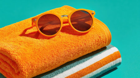Vibrant sunglasses sit on a soft towel capturing the essence of summer by a sparkling pool.の素材