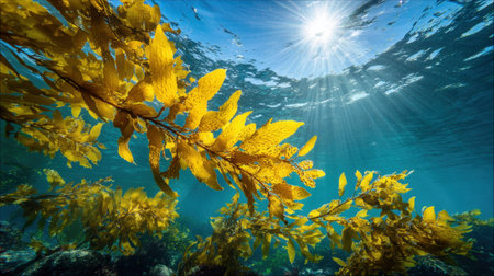 Bright yellow seaweed populates the tranquil underwater landscape gently swaying with the currents. Sunlight filters through the water creating a beautiful natural display.の素材