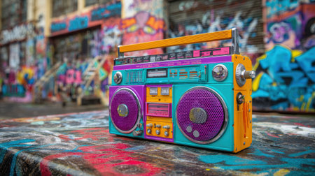 A vintage boombox catches the eye with its bold colors set against a backdrop of lively street art.の素材