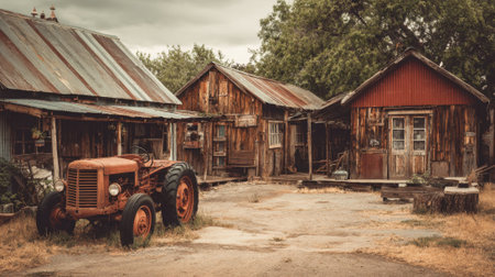 An old tractor sits in front of rustic wooden buildings under a cloudy sky showcasing rural charm.の素材