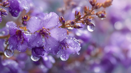 Delicate purple flowers adorned with glistening water droplets shine in a tranquil garden setting.の素材