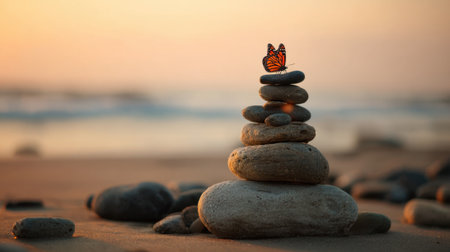 A delicate butterfly sits atop a tower of smooth stones on a serene beach during sunset.の素材