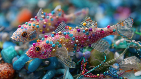 Brightly colored fish adorned with beads glide over a bed of sparkling gems and stones creating a lively scene.の素材