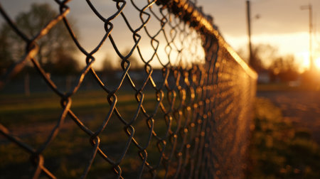 A chain link fence glows in warm light as the sun sets behind it creating a tranquil atmosphere.の素材