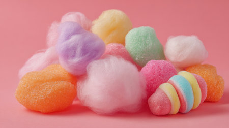 Soft fluffy and bright cotton candy and candies are artistically placed on a cheerful pink background.の素材