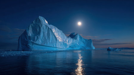 A majestic iceberg stands still in the Arctic waters illuminated by the bright moonlight.の素材