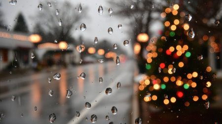 Raindrops cling to a window blurring the street scene outside. A decorated Christmas tree is visible glowing with colorful lights on a chilly day.の素材