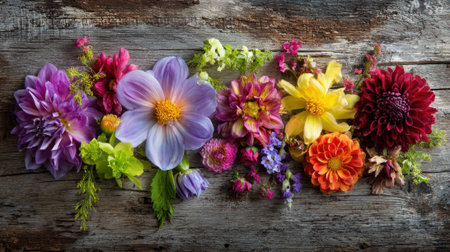 A vibrant display of flowers in many colors laid out on a weathered wooden surface highlights the beauty of nature. Each bloom adds character and charm creating a joyful scene.の素材