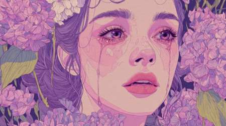 A young woman shows a deep emotional expression with tears as she is framed by vibrant blooming flowers in shades of purple. The intricate details enhance the overall beauty of the scene.の素材