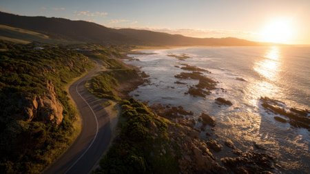 A winding coastal road hugs the rocky shoreline as the sun sets, casting a warm glow over the ocean. Waves lap against the shore in a tranquil scene.の素材