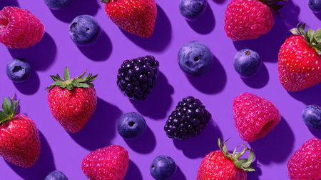 A purple background with a variety of fruits including strawberries, blueberries, and blackberries. The fruits are arranged in a way that creates a visually appealing and colorful displayの素材