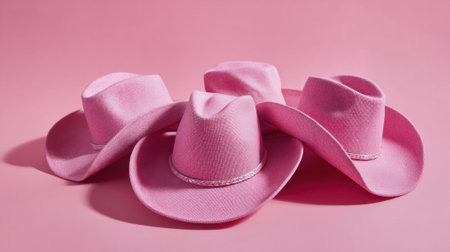 Bright pink cowboy hats sit together on a pastel background perfect for a festive occasion.の素材