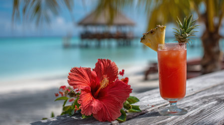 A colorful drink sits next to bright flowers on a wooden table by the tranquil beach.の素材