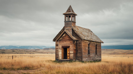 A rustic church made of weathered wood sits surrounded by tall grass in a quiet landscape.の素材