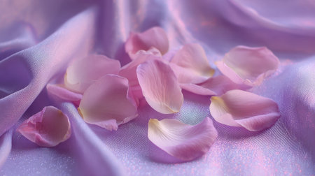Delicate rose petals in soft pink hues adorn a lavender fabric creating a tranquil scene.の素材