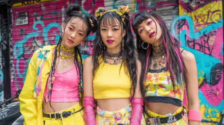 Three stylish friends pose confidently against a wall covered in bright graffiti art in the city.の素材