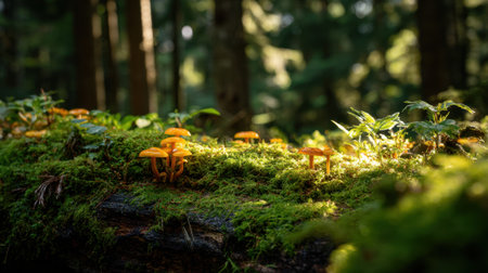 Mushrooms with bright orange caps thrive on a moss covered log surrounded by lush greenery in the forest.の素材