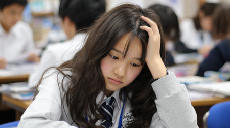 A young student sits at her desk, looking worried and focused while studying with classmates in a classroom. The atmosphere is tense as exam preparations take place.の素材