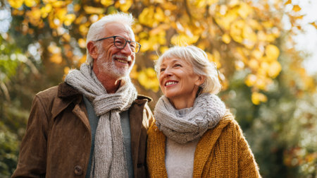 An elderly couple walks closely together in an autumn park, smiling and laughing as they enjoy the vibrant leaves. They are dressed warmly for the cool weather.の素材
