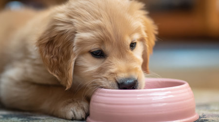 A golden retriever puppy is contentedly eating from a pink bowl. The puppy is lying on a soft rug in a warm indoor space, relaxing while having its meal.の素材