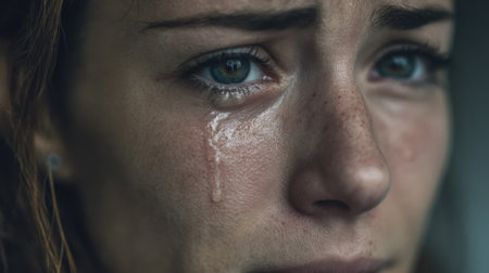 A woman with a pained expression and tears on her cheeks is captured in a close-up. Reflecting deep emotions, her eyes convey sadness and vulnerability in a low-light environ.の素材