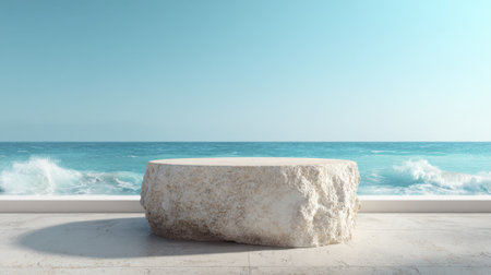 A minimalist stone table is situated by the ocean, overlooking blue waves splashing against the shore. The clear sky and tranquil scene invite peaceful moments.の素材