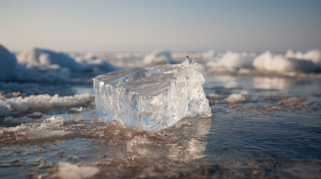 A clear ice block sits on a smooth surface, reflecting the soft light of sunrise. The calm lake stretches into the distance, enhancing the serene morning scene.の素材
