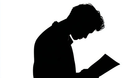 A young man stands with his head bowed as he reads a book, completely focused and absorbed in his thoughts. The bright background creates a striking silhouette effect.の素材