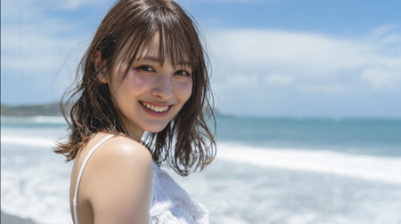 A young woman stands near the shore, smiling brightly as ocean waves crash behind her. The sun shines, and the sky is clear, creating a joyful summer atmosphere.の素材