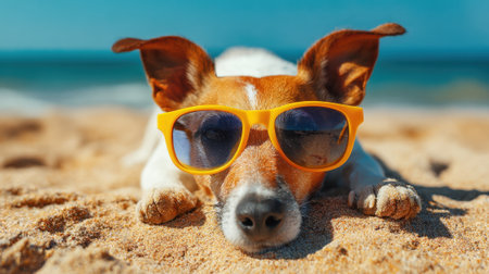 A small dog lies comfortably on soft sand at the beach, wearing bright yellow sunglasses. The sun shines down as the ocean waves roll in, creating a perfect summer day.の素材