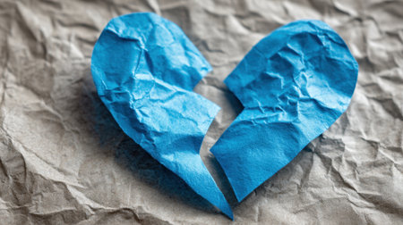 A crumpled blue paper heart lies on a wrinkled brown surface. It represents heartache and feelings of loss. Simple yet expressive, this visual conveys deep emotions.の素材