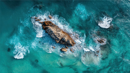 A stunning view of a rocky outcrop surrounded by vibrant turquoise water. Waves crash gently against the stone in a serene setting during bright daylight.の素材